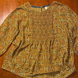 Xhilaration Yellow 3/4 Sleeve Smocked Blouse